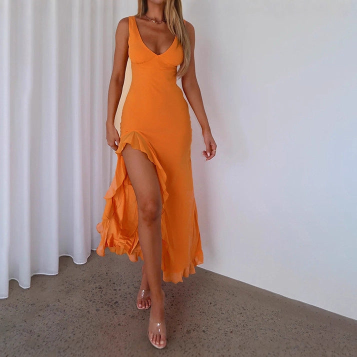 Damen Maxikleid mit tiefem V-Ausschnitt und asymmetrischem Rüschensaum R&B