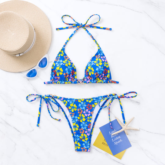 Damen Triangel-Bikini mit floralem Print und verstellbaren Schnüren R&B