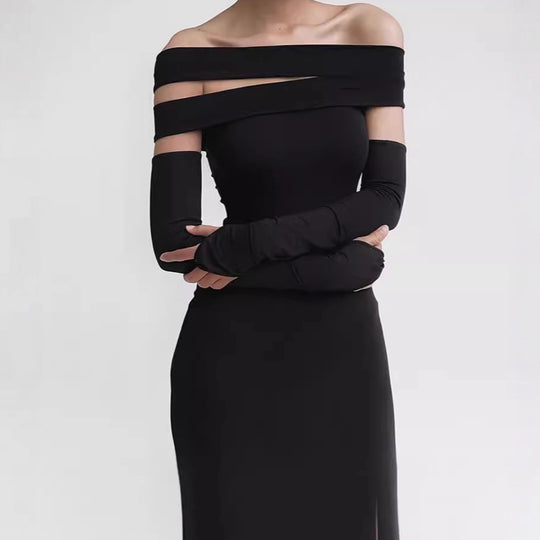 Damen Elegantes Maxikleid mit Off-Shoulder-Dekolleté und langem Schlitz R&B