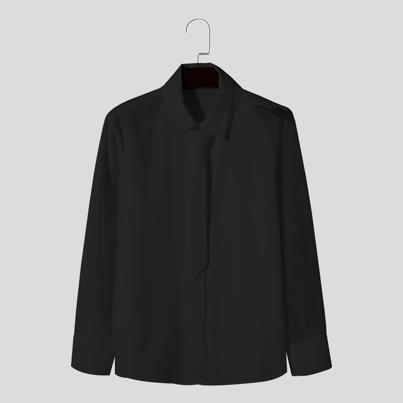 Damen nan fließende Hemdbluse mit angenähter Schluppe verdeckter Knopfleiste und einseitigem Netzärmeldetail R&B