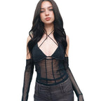 Damen Crop-Top mit transparentem Design und raffinierten Rüschenärmeln R&B