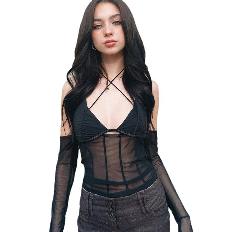 Damen Crop-Top mit transparentem Design und raffinierten Rüschenärmeln R&B