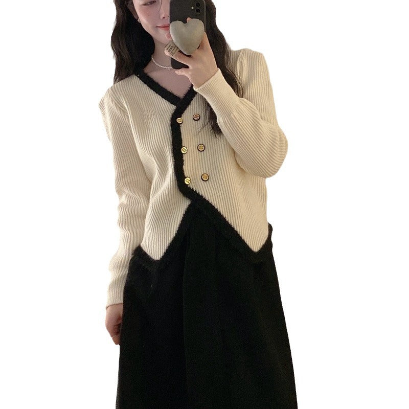Damen Strickjacke mit asymmetrischem Schnitt und goldenem Knopfdesign R&B