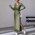 Damen Langarm Maxikleid mit V-Ausschnitt und seitlichem Schlitz R&B