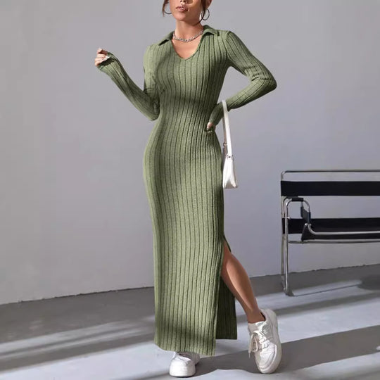 Damen Langarm Maxikleid mit V-Ausschnitt und seitlichem Schlitz R&B