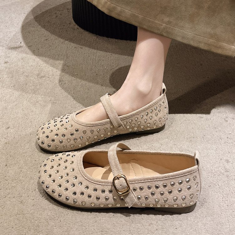 Damen elegante Mary Jane Ballerinas mit dekorativem Riemen und Strassdetails R&B