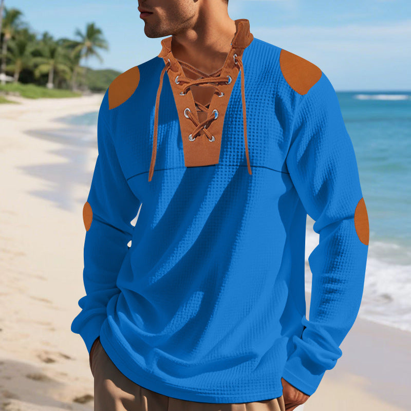 Herren lässiges Langarm-Henley-Shirt mit ausgefallenem Schnürdesign und kontrastrierenden Ellenbogen-Patches R&B