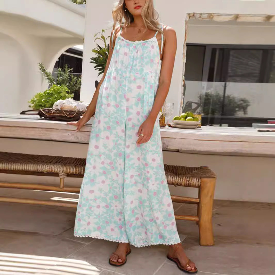 Damen luftiges Sommer-Jumpsuit mit Blumendruck und verstellbaren Trägern R&B