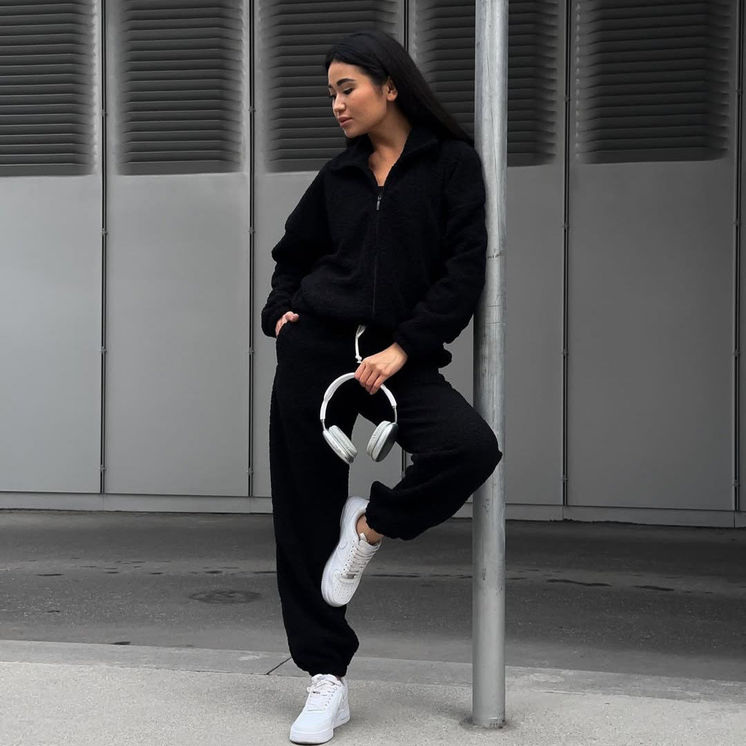 Damen gemütliches Fleece-Jogginganzug-Set mit Kapuze und elastischem Bund R&B