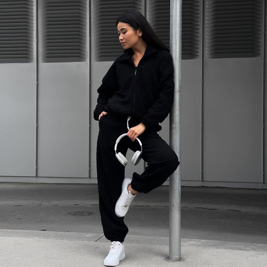 Damen gemütliches Fleece-Jogginganzug-Set mit Kapuze und elastischem Bund R&B