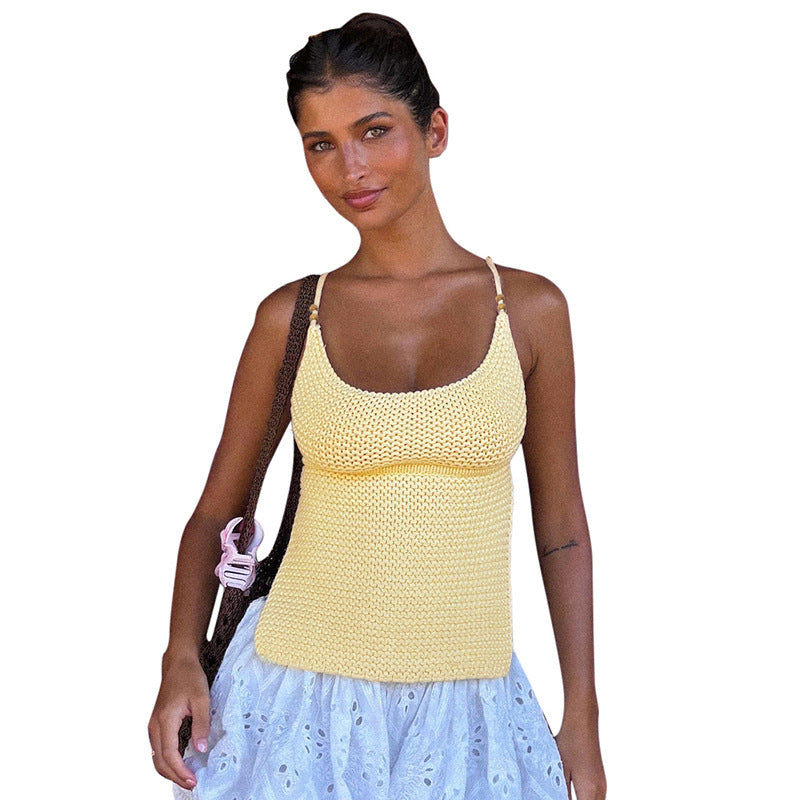 Damen luftiges Stricktop mit verstellbaren Trägern und dekorativem Saum R&B
