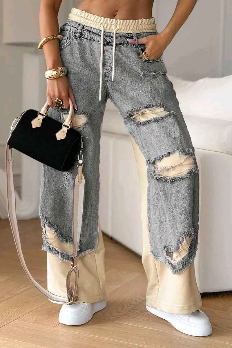 Damen nan zweilagige Jeans mit aufgesetzten Jeanspaneelen elastischem Tunnelzugbund weitem Bein und vintageähnlichen Rissen R&B