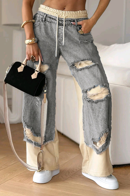 Damen nan zweilagige Jeans mit aufgesetzten Jeanspaneelen elastischem Tunnelzugbund weitem Bein und vintageähnlichen Rissen R&B