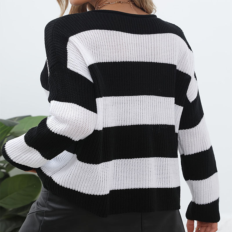 Damen gestreifter Strickpullover mit weitem Schnitt und modischem Design R&B