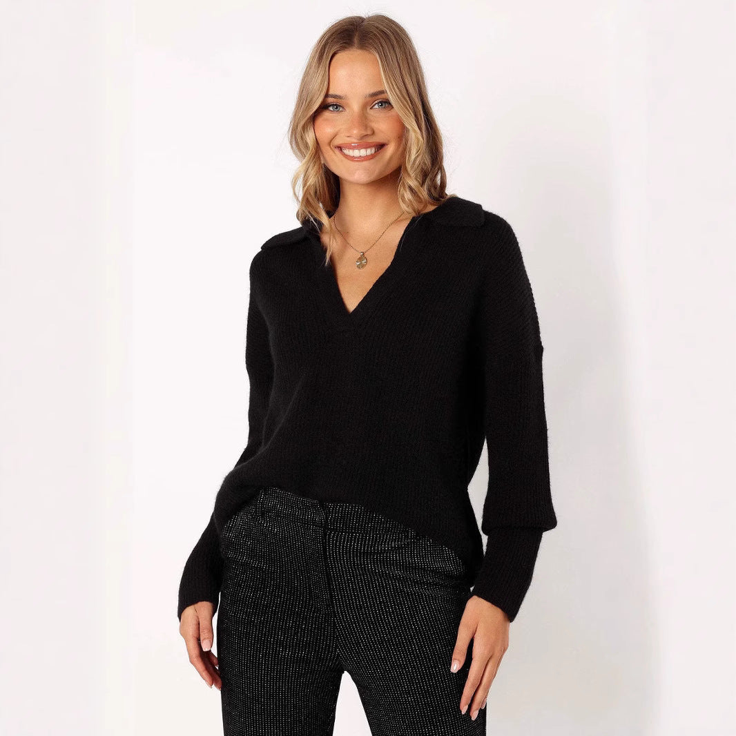 Damen lässiger Strickpullover mit modernem V-Ausschnitt und weit geschnittenen Ärmeln R&B