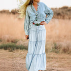 Damen Denim Maxikleid im Boho-Stil mit voluminösem Rock und Rüschen R&B