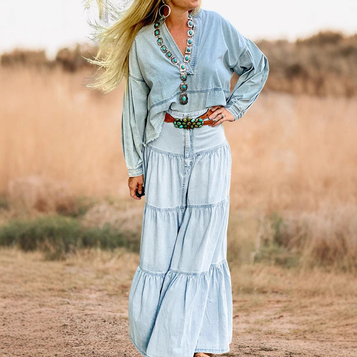 Damen Denim Maxikleid im Boho-Stil mit voluminösem Rock und Rüschen R&B