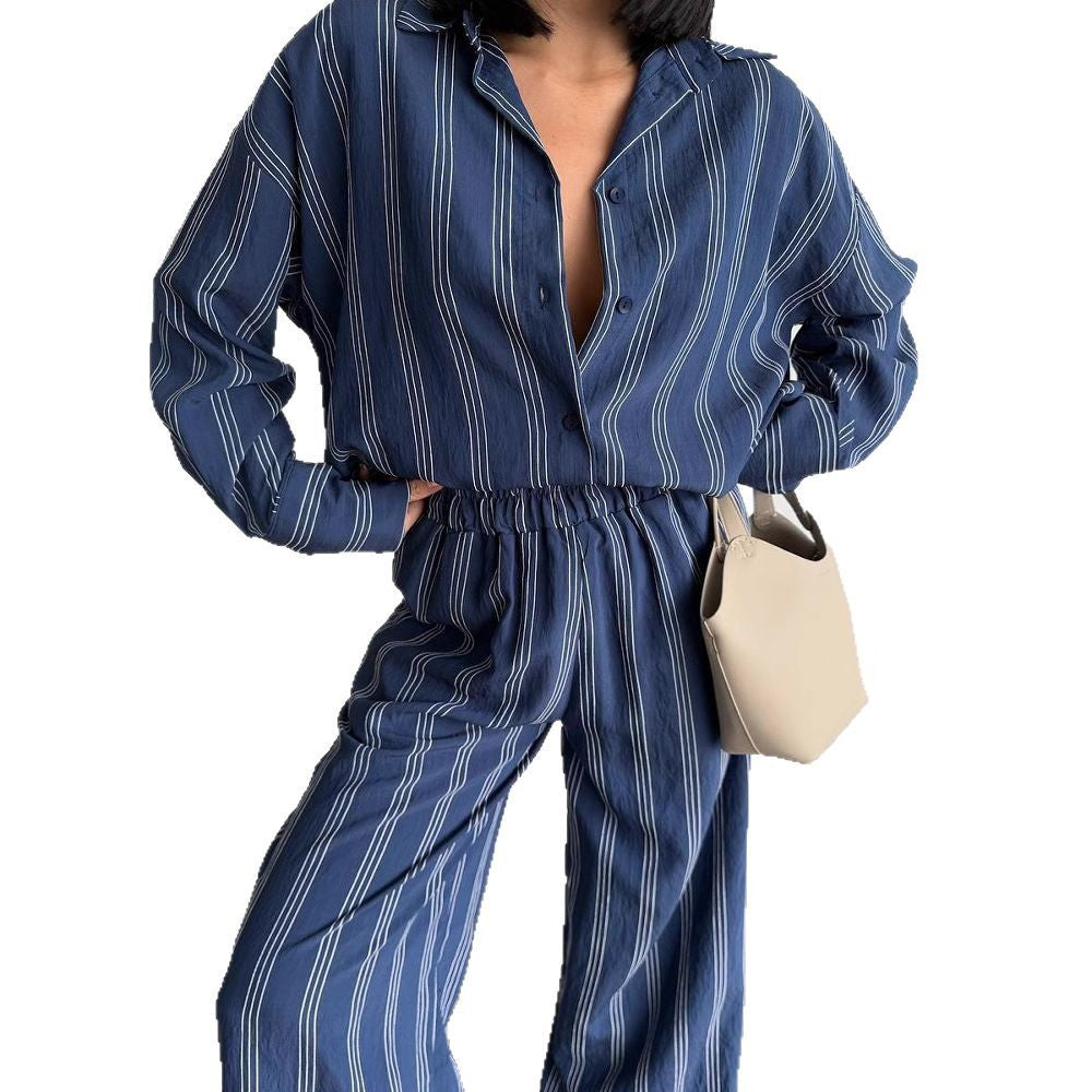 Damen gestreiftes Lounge-Set mit weiten Hosen und lockerer Bluse R&B