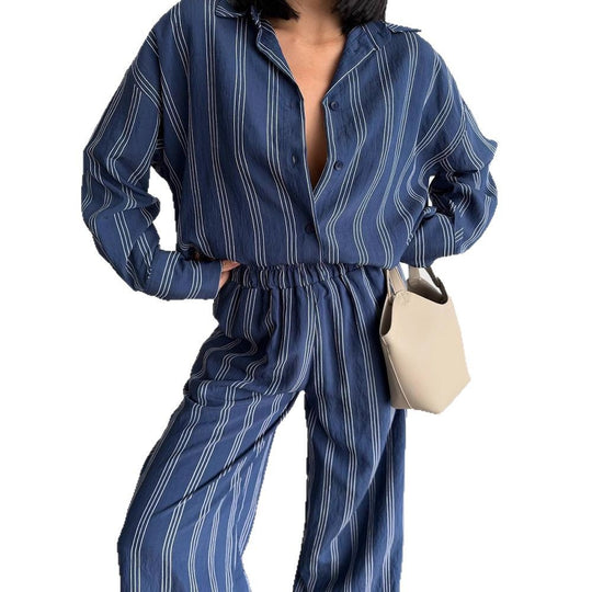 Damen gestreiftes Lounge-Set mit weiten Hosen und lockerer Bluse R&B