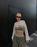 Damen gehäkeltes Crop-Top mit elegantem offenen Design und langen Ärmeln R&B