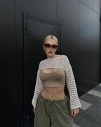Damen gehäkeltes Crop-Top mit elegantem offenen Design und langen Ärmeln R&B