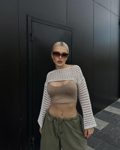 Damen gehäkeltes Crop-Top mit elegantem offenen Design und langen Ärmeln R&B