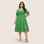 Damen Midi-Kleid mit Puffärmeln und elastischem Taillenbund R&B