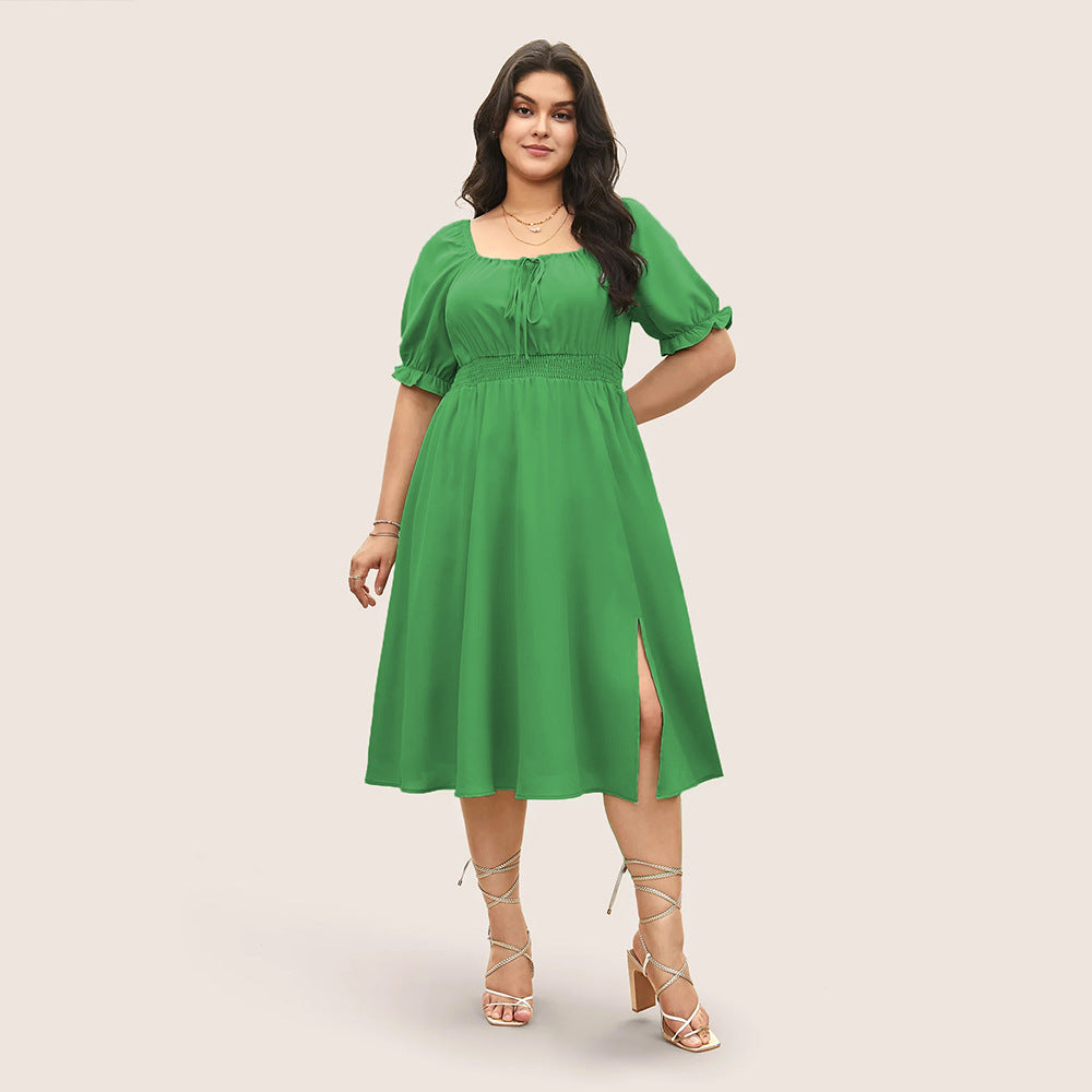 Damen Midi-Kleid mit Puffärmeln und elastischem Taillenbund R&B