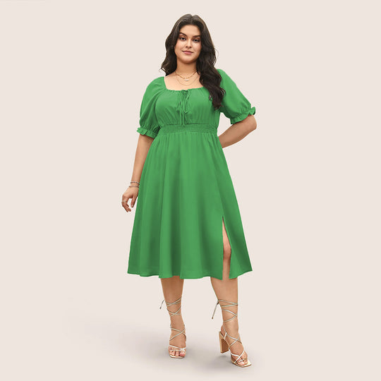 Damen Midi-Kleid mit Puffärmeln und elastischem Taillenbund R&B