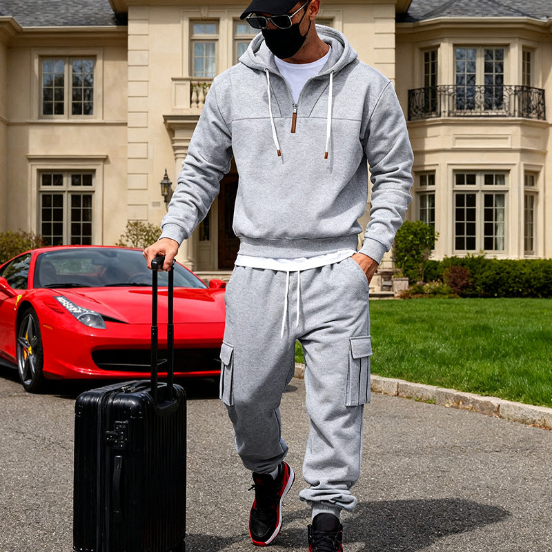 Herren nan lässiger Fleece-Jogginganzug mit halbem Reißverschluss und Cargo-Taschen R&B