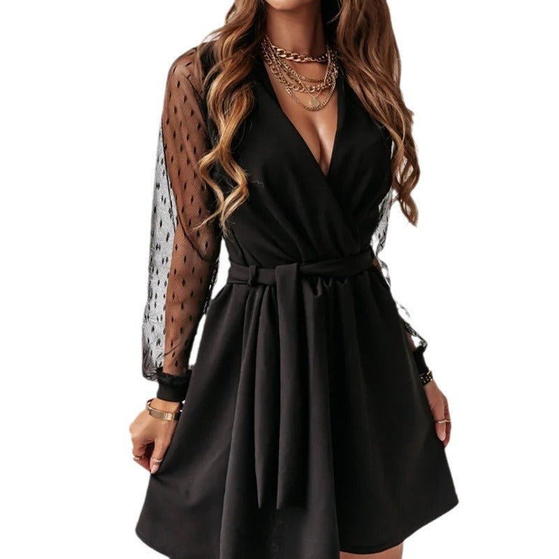 Damen Wickelkleid mit transparenten Puffärmeln und tailliertem Schnitt R&B