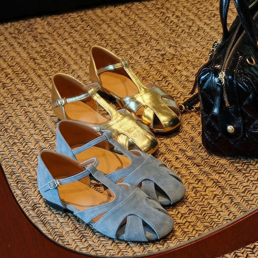 Damen Elegante Sandalen mit geschwungenem Riemchen und funkelndem Metallic-Finish R&B