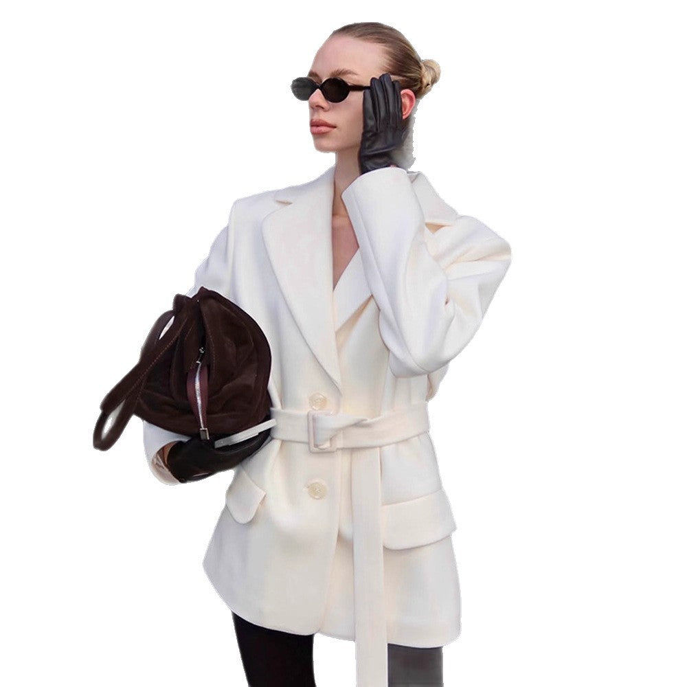 Damen modischer Blazer mit Taillengürtel und praktischen Taschen R&B