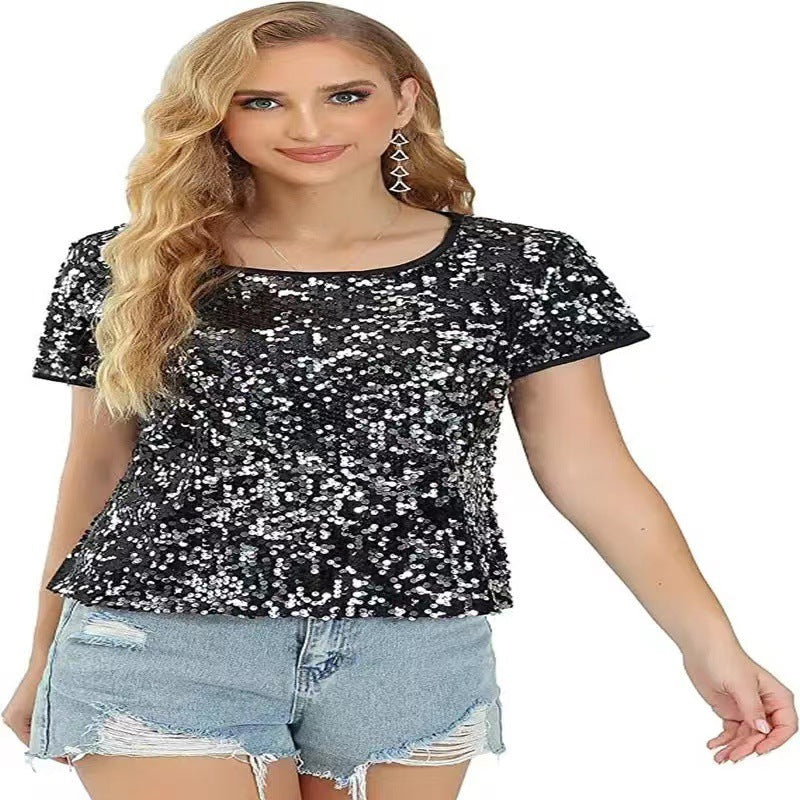 Damen Glitzerndes Pailletten T-Shirt mit lässigem Schnitt und komfortablem Baumwollmaterial R&B