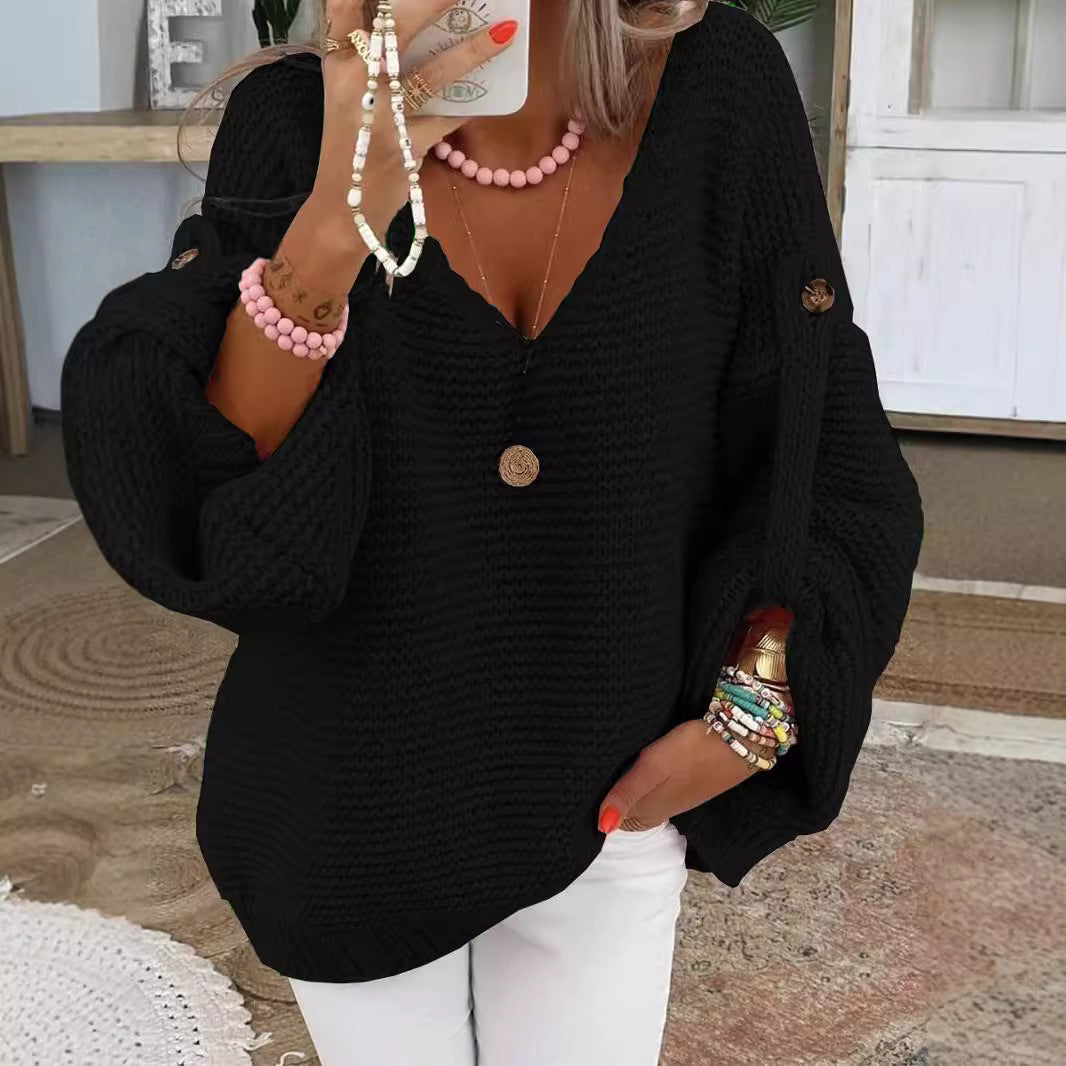 Damen lässiger Strickpullover mit tiefem V-Ausschnitt und weitem Schnitt R&B