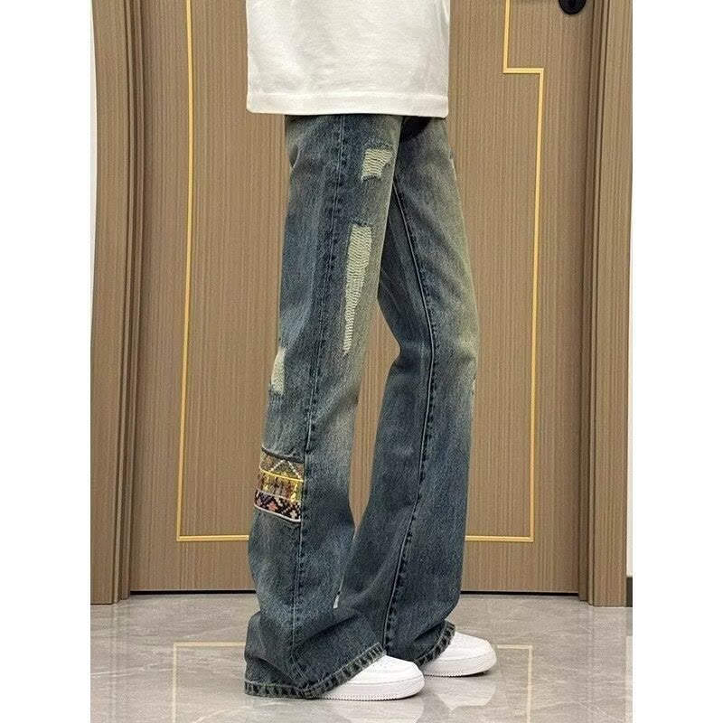Herren trendige Jeans im lässigen Bootcut-Stil mit einzigartigen Applikationen R&B