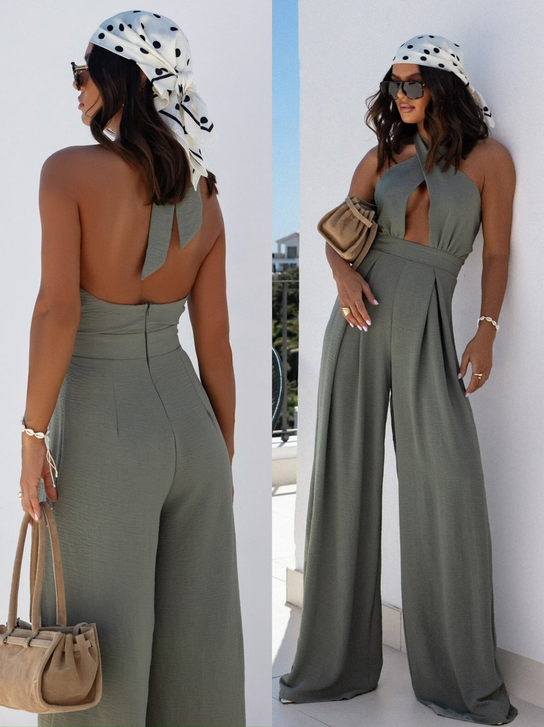 Damen Jumpsuit mit tiefem V-Ausschnitt und weiten Beinen R&B