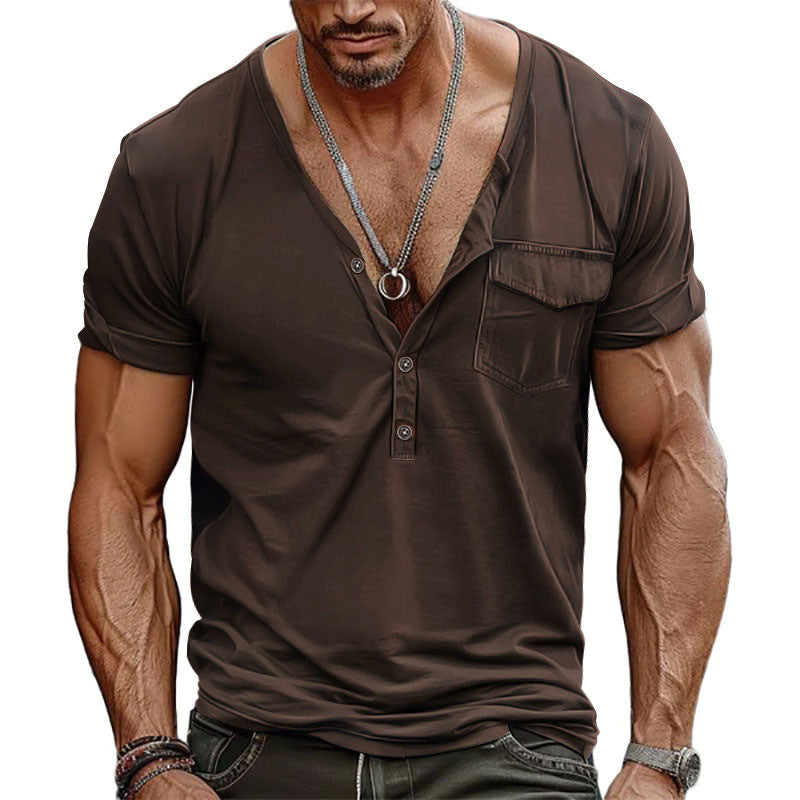 Herren Kurzarm-Henley-T-Shirt mit dekorativer Brusttasche und modernem Schnitt R&B