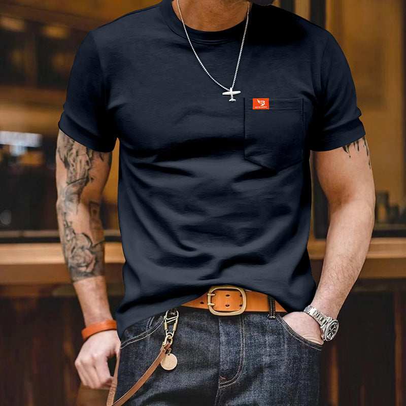 Herren klassisches Kurzarm T-Shirt mit Brusttasche aus hochwertiger Baumwolle R&B