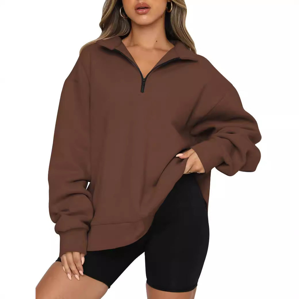 Damen Oversized Sweatshirt mit kurzem Reißverschluss und lässigem Schnitt R&B