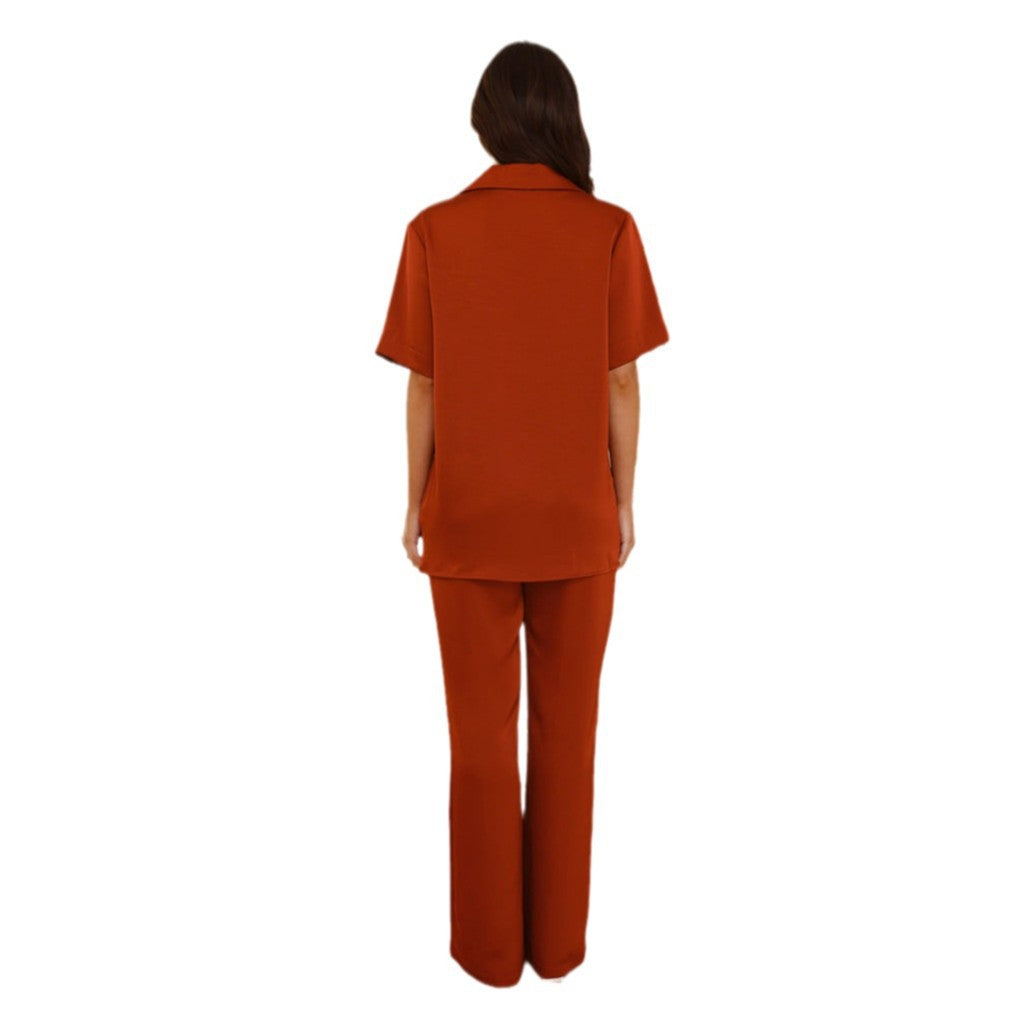 Damen Elegantes Satin-Pyjama-Set mit klassischem Kragen und bequemen weit geschnittenen Hosen R&B