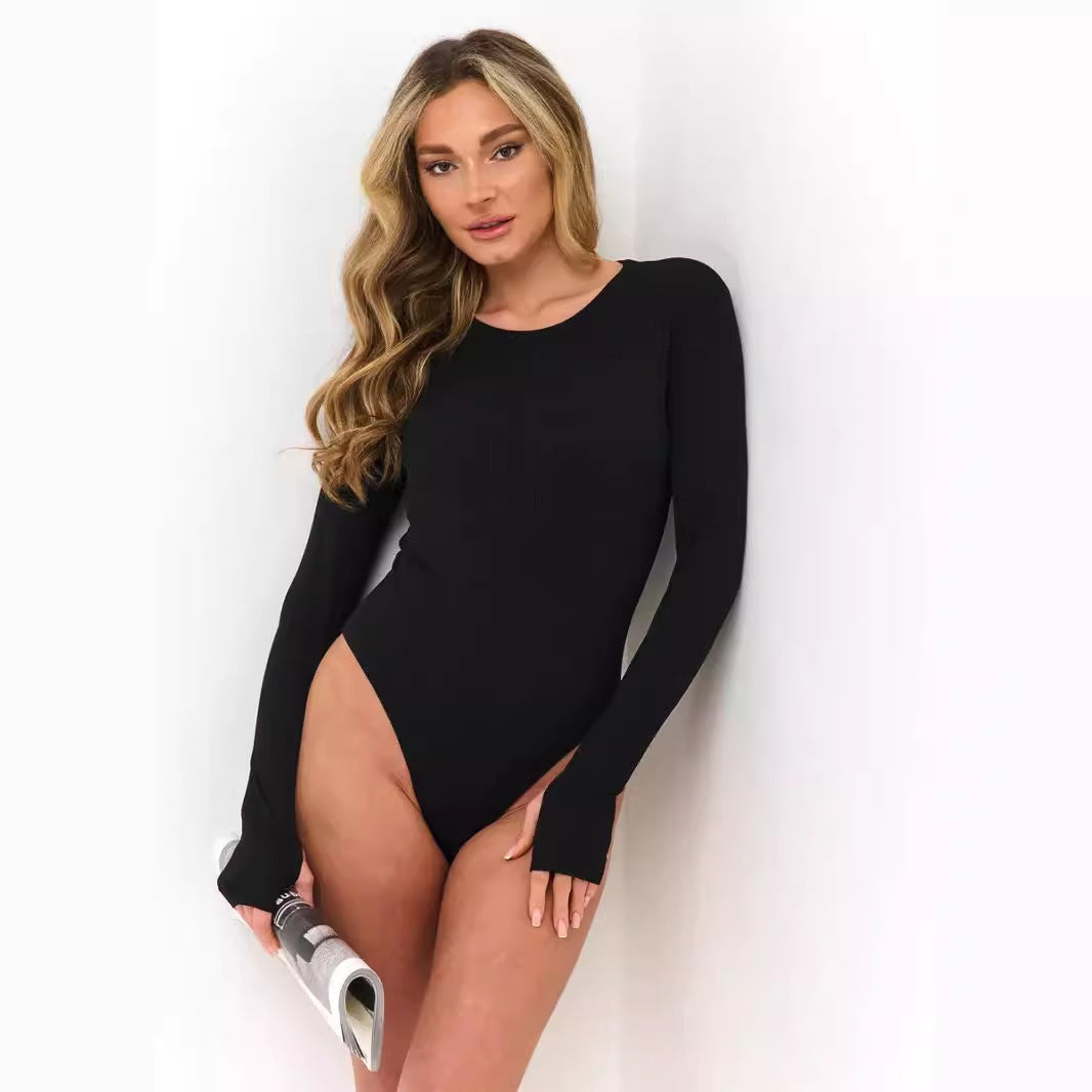 Damen Langarm-Bodysuit mit elegantem Rippdesign und figurbetontem Schnitt R&B