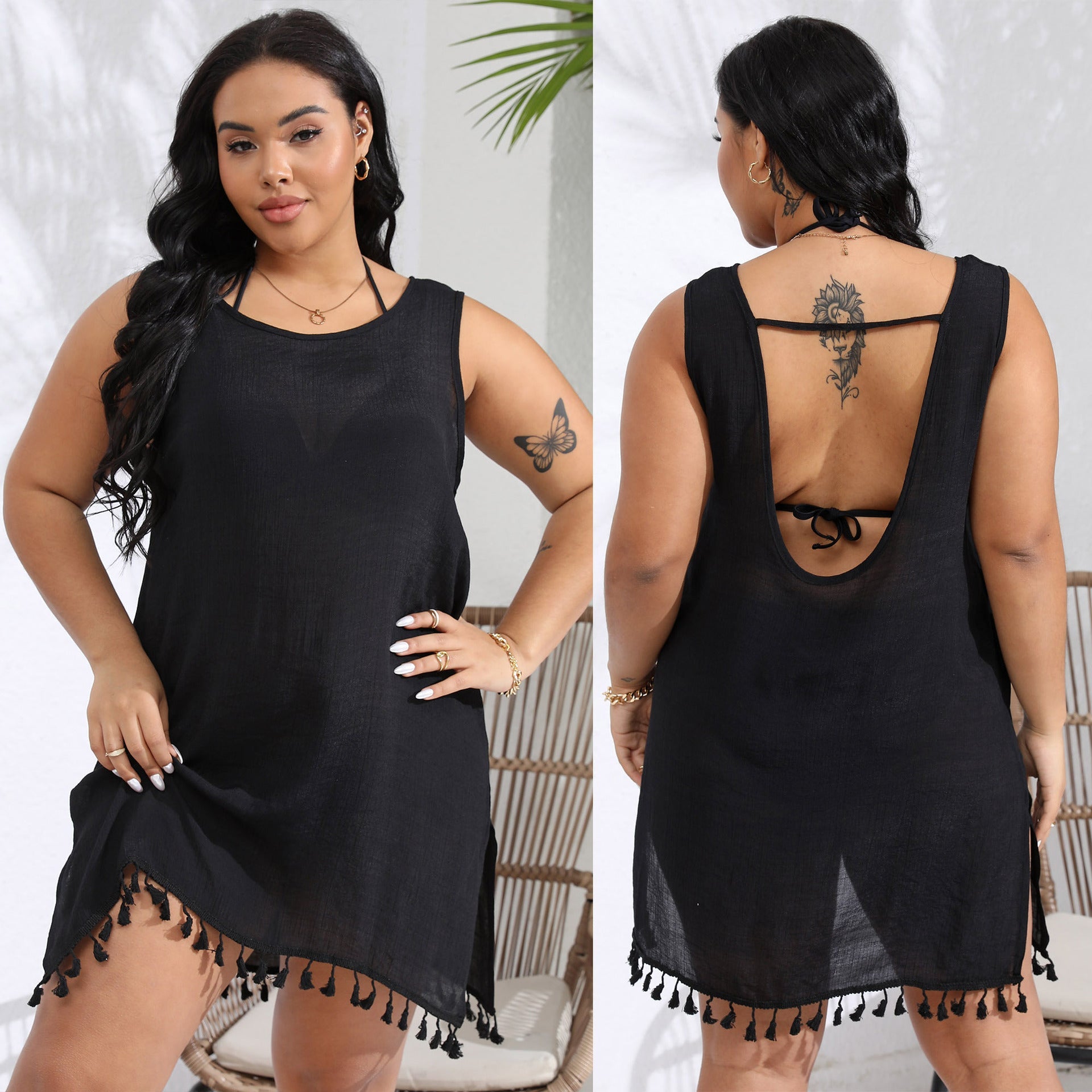Damen luftiges Strandkleid mit fransigen Details R&B
