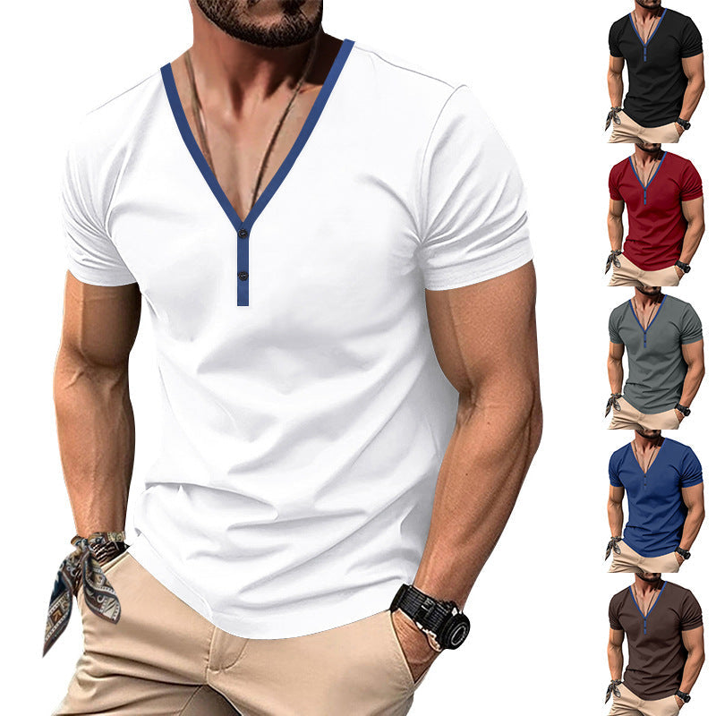 Herren Kurzarm Henley-T-Shirt mit V-Ausschnitt und Knopfdetail R&B