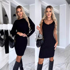 Damen Strickkleid mit V-Ausschnitt und Langarm R&B