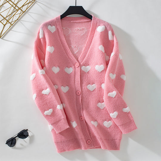 Damen gemütliche Strickjacke mit Herzmuster und V-Ausschnitt R&B