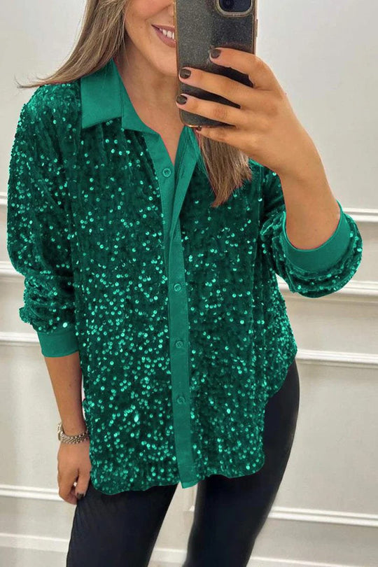 Damen Glitzernde Bluse aus Pailletten mit klassischem Kragen R&B