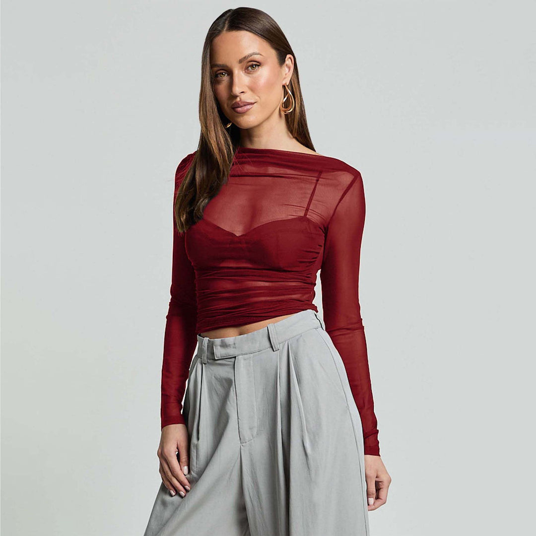 Damen Elegantes Langarmoberteil mit transparentem Mesh und Raffung R&B