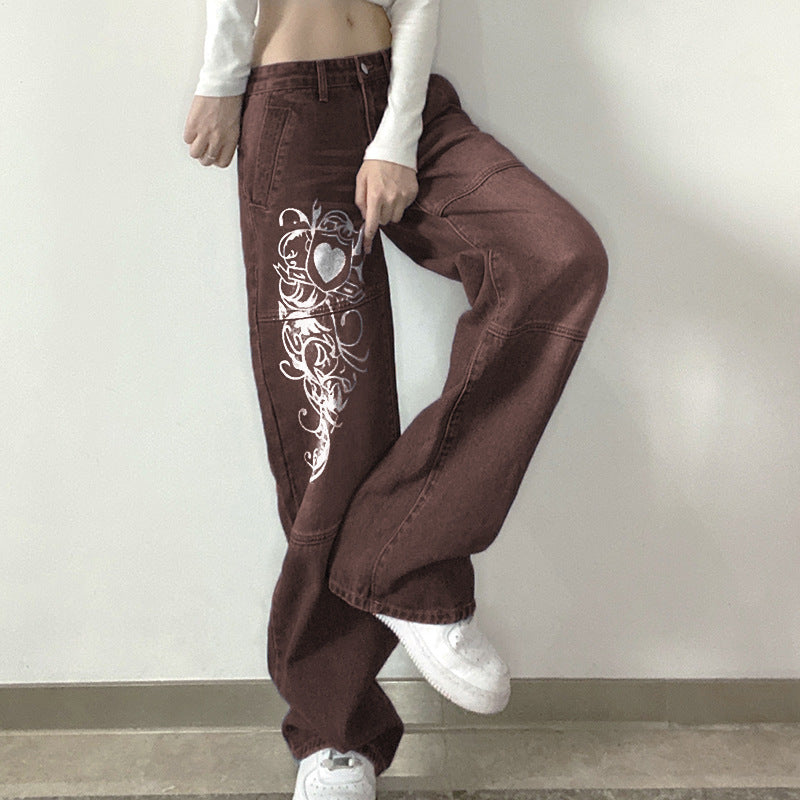 Damen weite Denim-Hose mit kunstvollem Druck R&B
