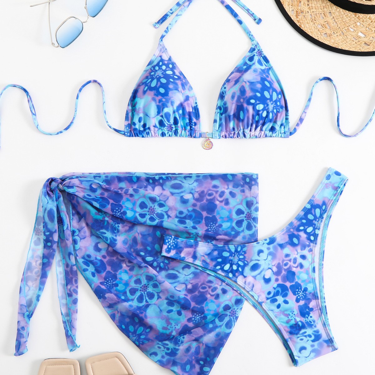 Damen Bikini-Set mit floralem Muster und schickem Wickelrock R&B